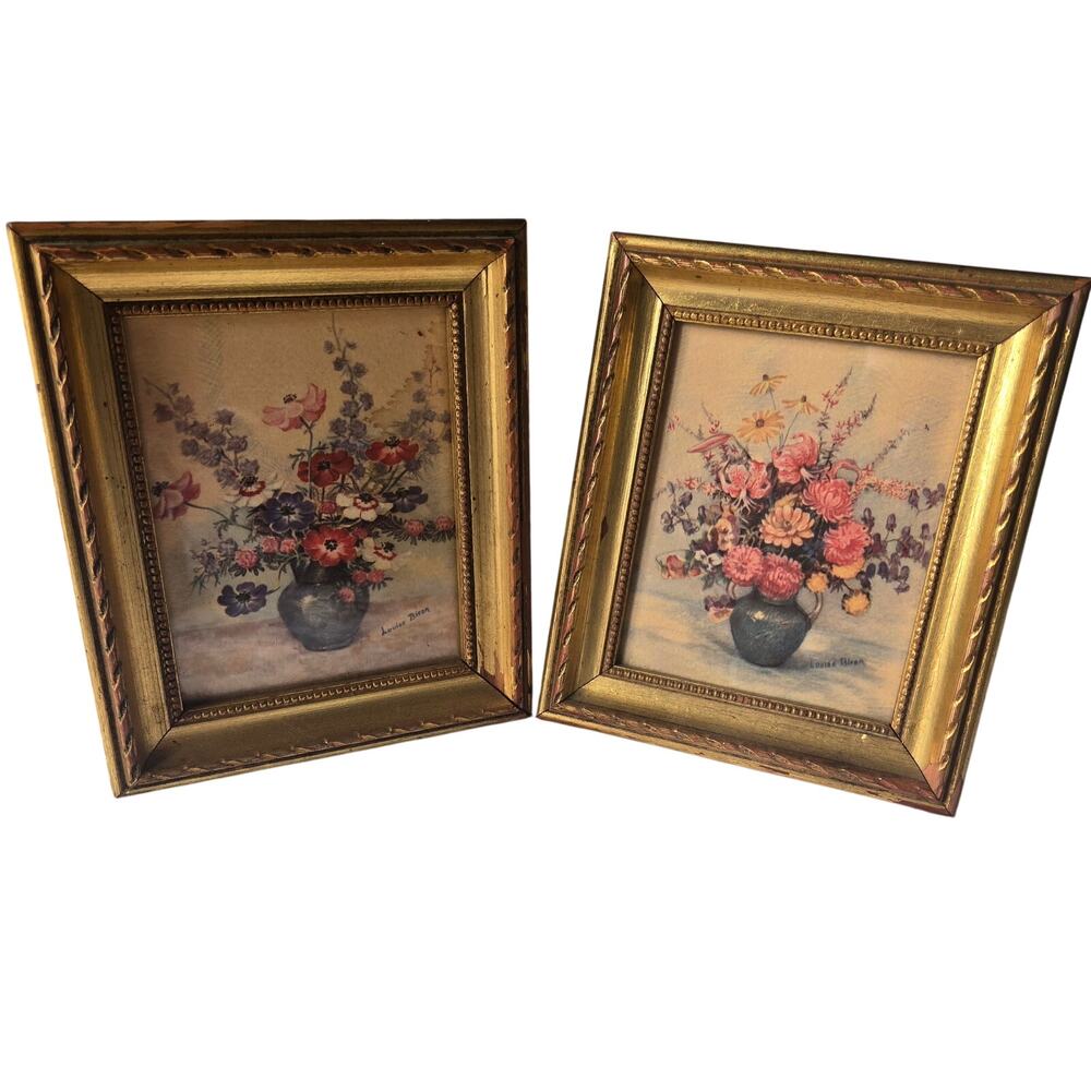 Vintage Gold Set of Two Flowers/Botanical in Vase Louise Biron picture W-21